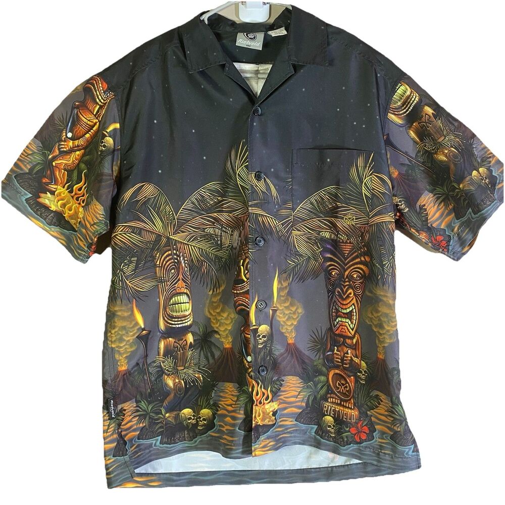 RIETVELD  Shirt USA Mens Medium Tropical Tiki Palms Hawaiian Camp Shirt Black
